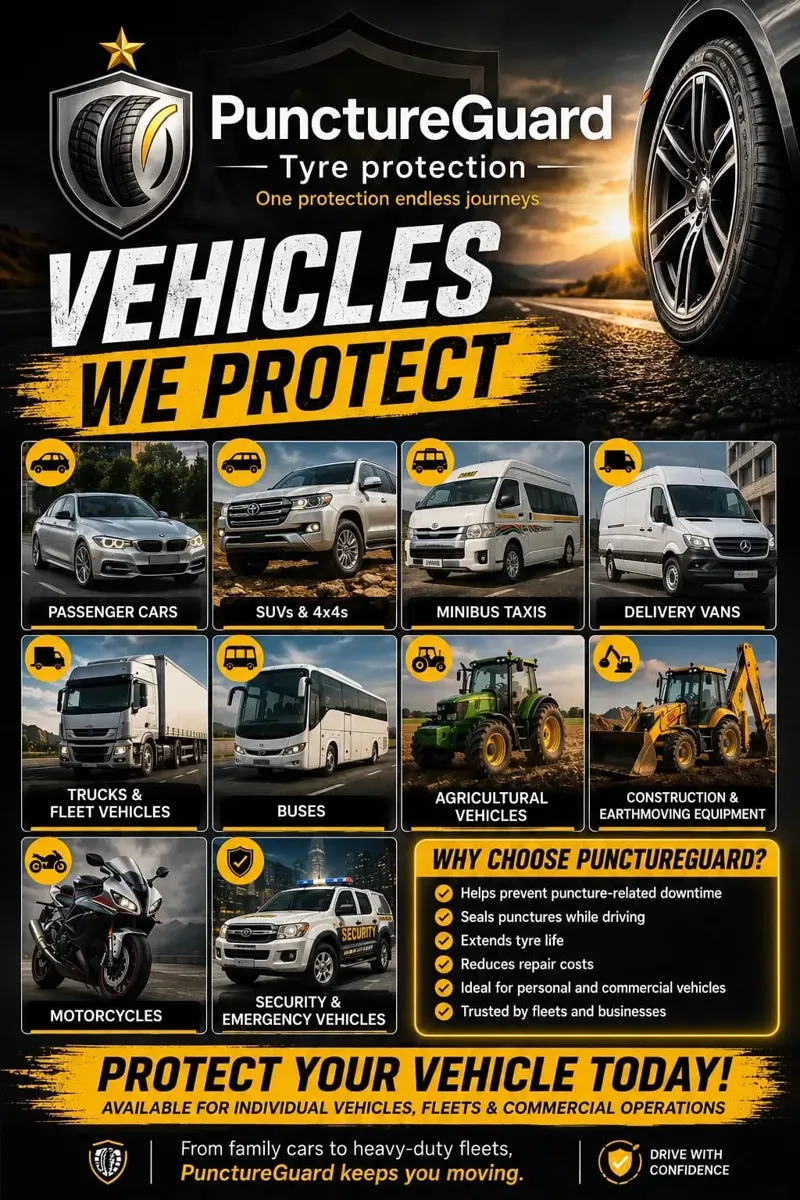PunctureGuard vehicle range: passenger cars, SUVs, taxis, vans, trucks, buses and machinery